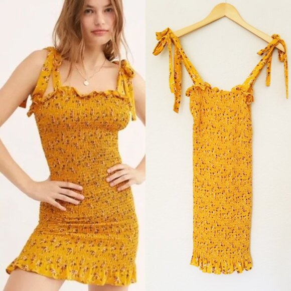NEW Free People Bella Smocked Slip Tie Strap Bodycon Mini Dress XS Yellow Gold - Picture 4 of 12
